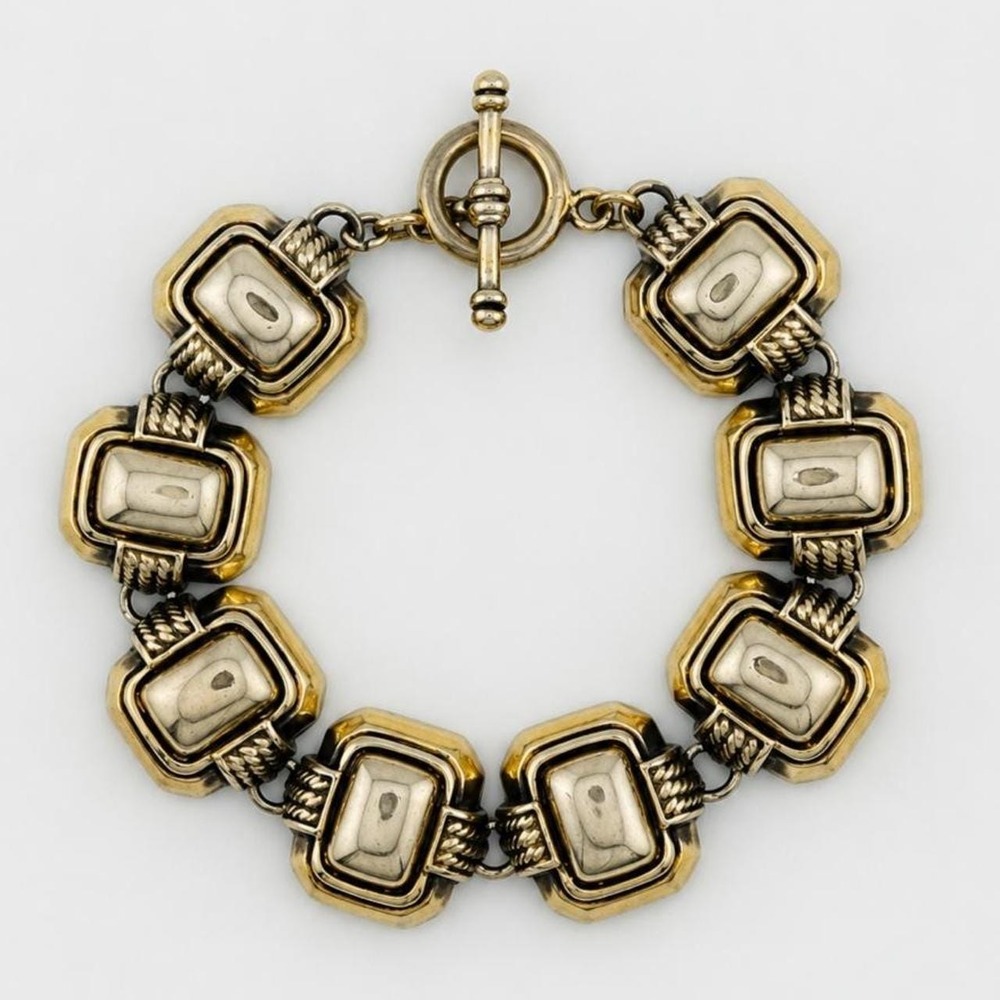 90s Vintage Chunky Gold & Silver Tone Panel Link Bracelet Statement Toggle Clasp